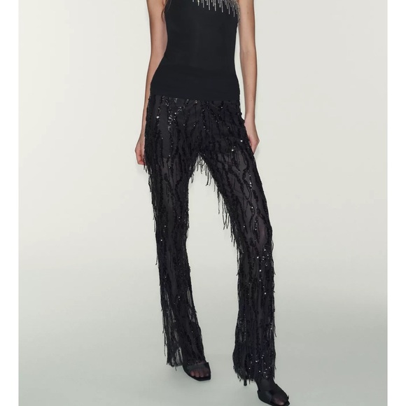 Zara Black Sequin Fringe leggings blogger fav - Picture 5 of 7